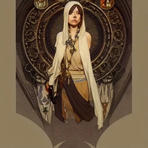 Image similar to grammaton clerics aubrey plaza fantasy, d & d, intricate, detailed, by by alphonse mucha, adolfo hohenstein, alice russell glenny, stanley artgerm lau, greg rutkowski, detailed, trending on artstation, trending on artstation, smooth