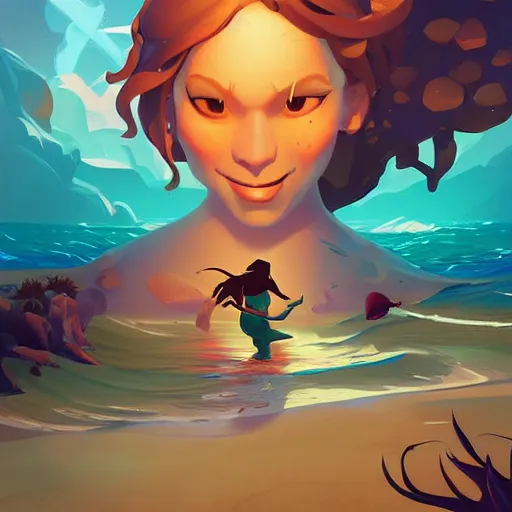 Image similar to painting mermaid treasure on sea of thieves game avatar hero smooth face median photoshop filter cutout vector, behance hd by jesper ejsing, by rhads, makoto shinkai and lois van baarle, ilya kuvshinov, rossdraws global illumination