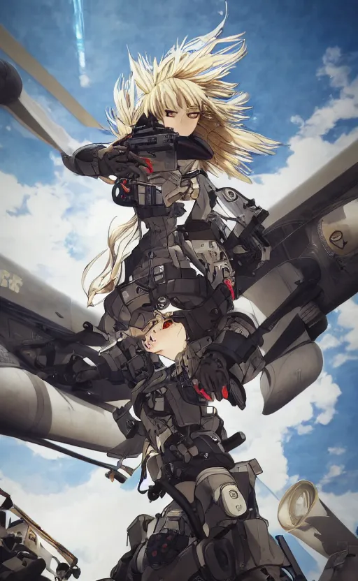 Prompt: shot of mechanized valkyrie, anime style, world war 2, top gun clothing, spread wings, blonde hair, hair down, symmetrical facial features, from arknights, hyper realistic, 4 k, rule of thirds, extreme detail, detailed drawing, safebooru, hd, d & d, realistic lighting, by alphonse mucha, greg rutkowski, backlit