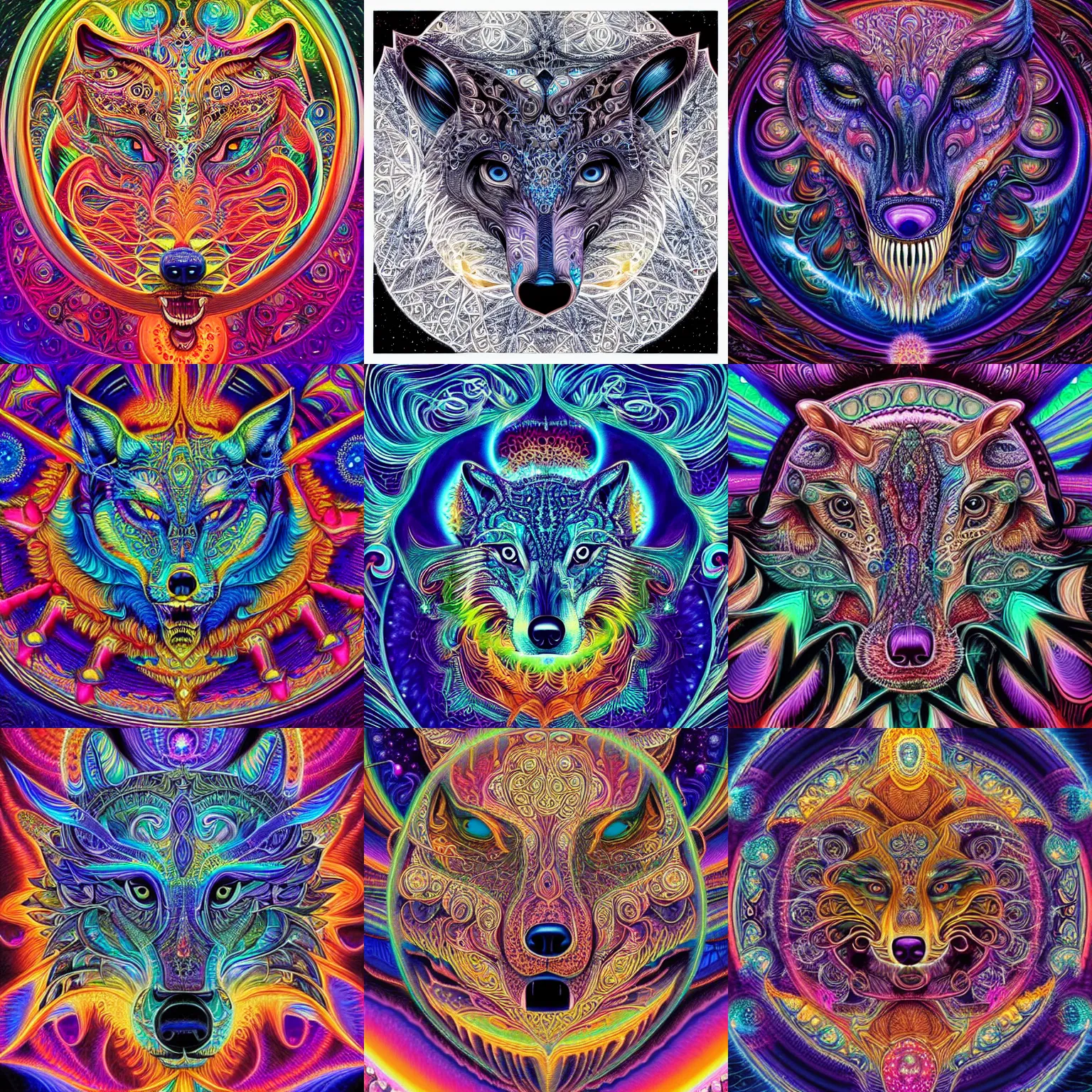 Prompt: a intricate ornate psychedelic image of a wolf head opening into the universe with crystals, digital art by alex grey and dan mumford, instagram contest winner, psychedelic art, psychedelic, fractalism, fractals, crystals, gems, artstation, ultra fine detailed