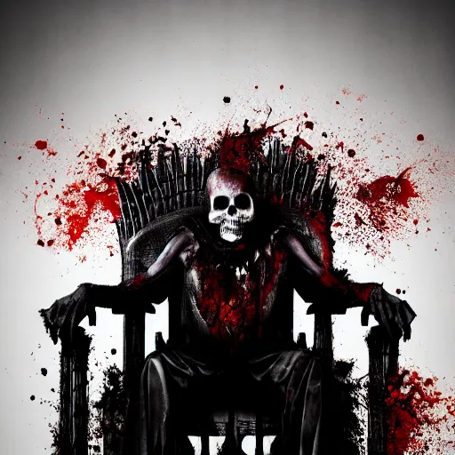 Image similar to the king of death, sitting on throne, blood splatters, shadows, hyperrealistic, dead bodies in the background, high resolution, 8 k