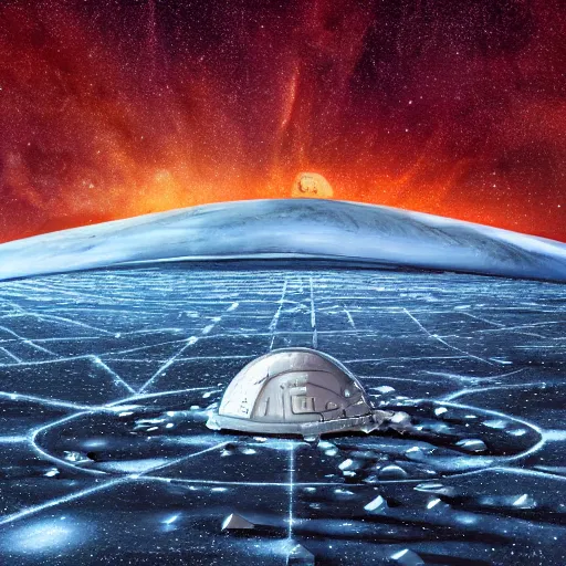 Prompt: very detailed photoillustration of a science fiction spaceship landing on an ice-covered planet, night, space, stars, Milky way