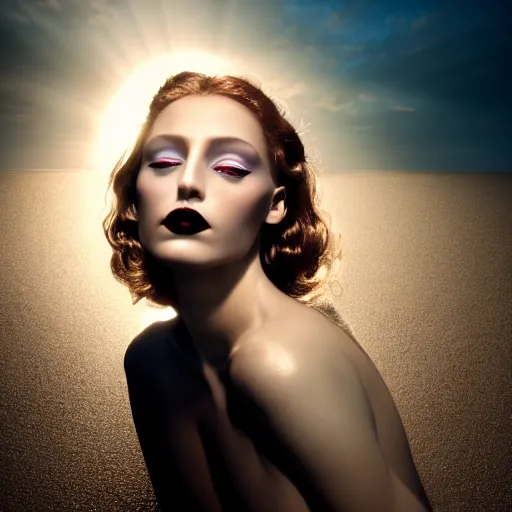 Prompt: photographic portrait of a stunningly beautiful renaissance female, dark lips and eye shadow, in soft dreamy light at sunset, god rays, contemporary fashion shoot, by edward robert hughes, annie leibovitz and steve mccurry, david lazar, jimmy nelsson, breathtaking, 8 k resolution, extremely detailed, establishing shot, artistic, hyperrealistic, perfect face, octane render