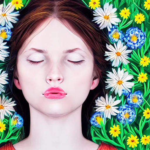 Prompt: girl looking up with flowers sprouting from her face, ethereal illustration