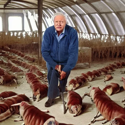 Image similar to david attenborough working in a slaughter house