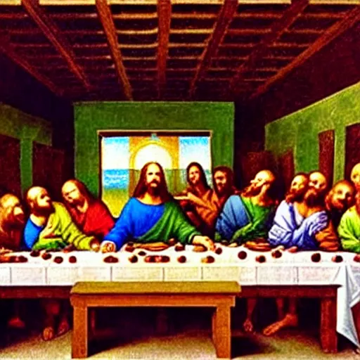 Prompt: jesus and the 1 2 disciples eating the last supper at applebees, in the style of leonardo da vinci