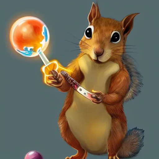 Image similar to A squirrel holding a glowing sphere in one paw and a sword in the other, fantasy illustration
