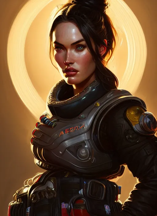 Image similar to portrait of apex legends megan fox, intricate, elegant, glowing lights, highly detailed, digital painting, artstation, glamor pose, concept art, smooth, sharp focus, illustration, art by artgerm and greg rutkowski, artey freytag