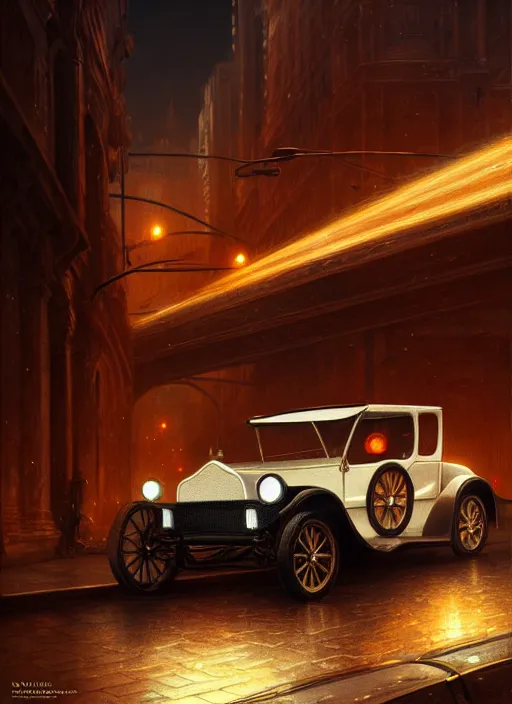 Image similar to ford model t, intricate, elegant, glowing lights, highly detailed, digital painting, artstation, sharp focus, illustration, art by wlop, mars ravelo and greg rutkowski