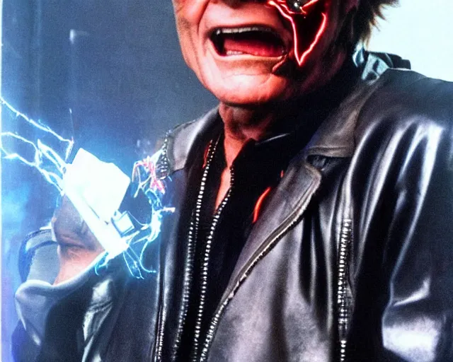 Prompt: Jack Nicholson plays Terminator Pikachu cyborg hybrid wearing leather jacket and his endoskeleton is visible his eye glows red, walking out of flames