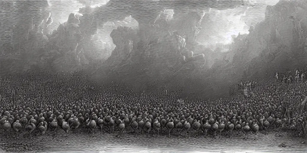 Prompt: angry geese guarding the gates of hell, art by gustave dore