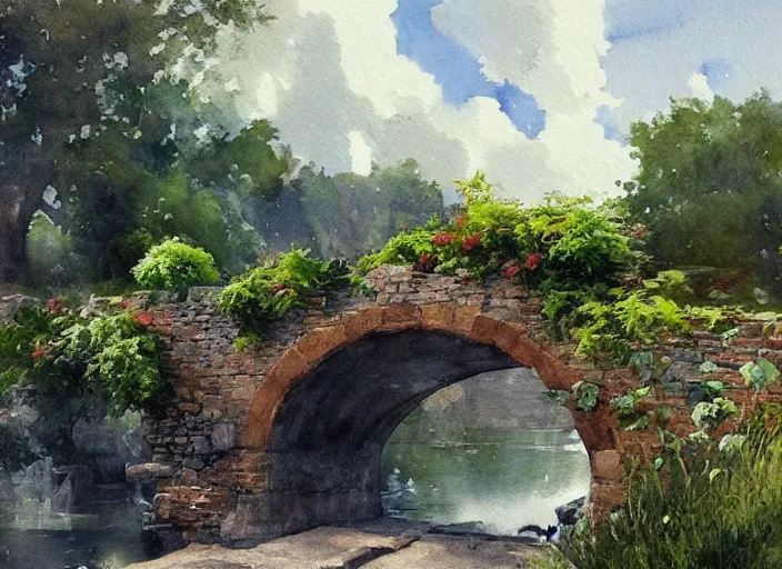 Image similar to watercolor of rustic stone bridge with mural, ivy, summer daylight, bright clear day, clouds, high detailed art by dennis miller bunker, work by anders zorn, wonderful masterpiece by greg rutkowski, beautiful cinematic light, american romanticism by greg manchess, creation by tyler edlin