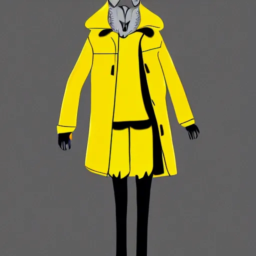 Image similar to lineart of a silly grey wolf wearing a yellow raincoat