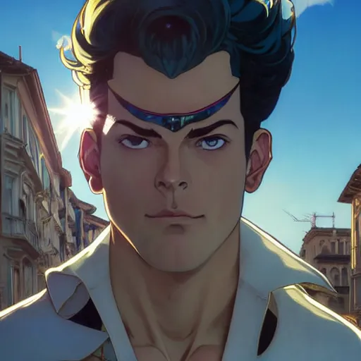 Image similar to highly detailed vfx portrait of jotaro kujo in bologna, makoto shinkai, alphonse mucha, sharp focus, art by artgerm and greg rutkowski!, backlit, harsh overhead sunlight, blue eyes, stanley kybric, takeshi obata, kaoru mori, pixiv, fanbox,