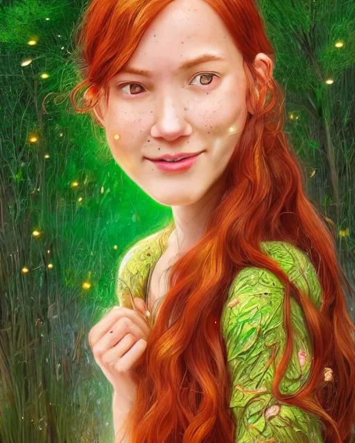 Image similar to a young woman, smiling, amazed by the lights of golden fireflies, sitting in the midst of nature fully covered, long loose red hair, intricate linework, dreamy green eyes, small nose with freckles, oval shape face, realistic, expressive emotions, dramatic lights, spiritual scene, hyper realistic ultrafine digital art by james jean and albert bierstadt and artgerm