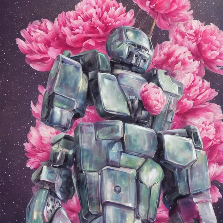 Prompt: A beautiful oil painting hyperrealism of armored mecha cyber drinks a magical bubble tea in a constellation of peonies, digital art