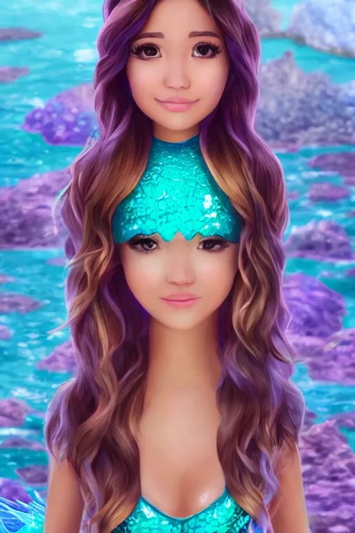 Prompt: pokimane in a mermaid outfit fantasy, highly detailed face, 8 k