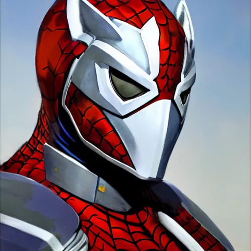 Image similar to greg manchess portrait painting of armored spiderman ultraman grey fox from metal gear cyborg gay japanese - american hybrid as overwatch character, medium shot, asymmetrical, profile picture, organic painting, sunny day, matte painting, bold shapes, hard edges, street art, trending on artstation, by huang guangjian and ail elvgren and sachin teng