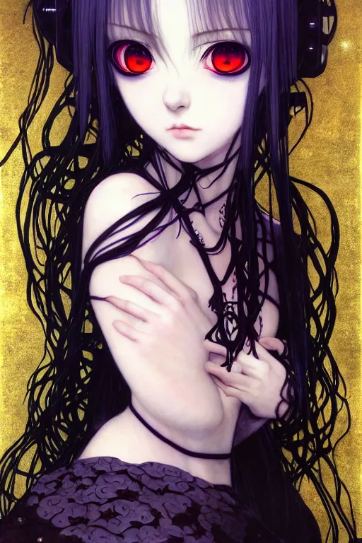 Image similar to portrait of beautiful young gothic anime maiden, cute-fine-face, pretty face, realistic shaded Perfect face, fine details. Anime, cyberpunk, Warhammer, Warhammer, Warhammer, highly detailed, artstation, illustration, art by Ilya Kuvshinov and Gustav Klimt and Gustav Klimt and Gustav Klimt and Gustav Klimt