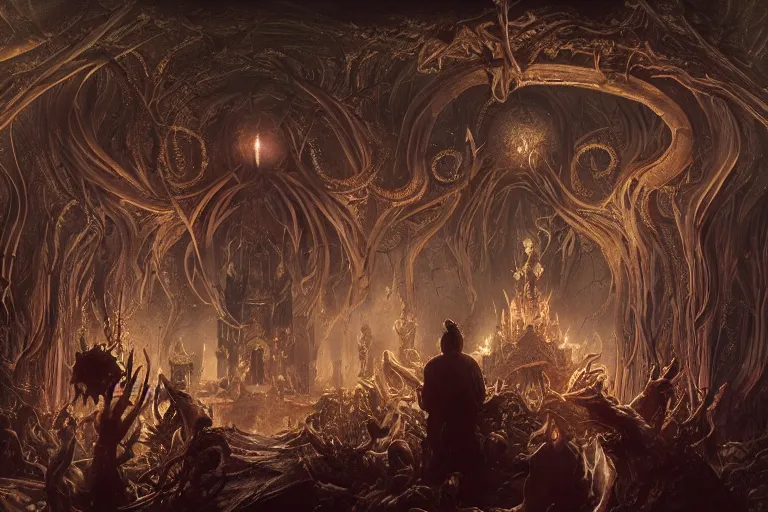 Image similar to a lovecraftian painting of a demonic shrine, occult, cult members evil ritual, cosmic horror elements, ultra realistic, concept art, intricate details, eerie, highly detailed, photorealistic, octane render, 8 k, unreal engine. art by artgerm and greg rutkowski and alphonse mucha