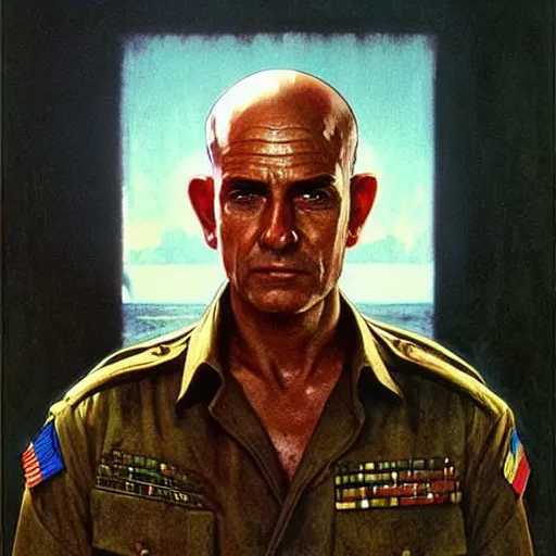 Image similar to a portrait of captain willard in apocalypse now 1 9 7 9 cinematic lighting, photorealistic, octane render, 8 k, depth of field, 3 d, art by artgerm and greg rutkowski and alphonse mucha and uang guangjian and gil elvgren and sachin ten, vietnam war, cinematography by francis ford coppola