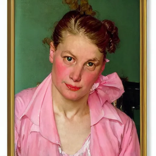 Image similar to frontal portrait of a woman wearing pink and white, by norman rockwell