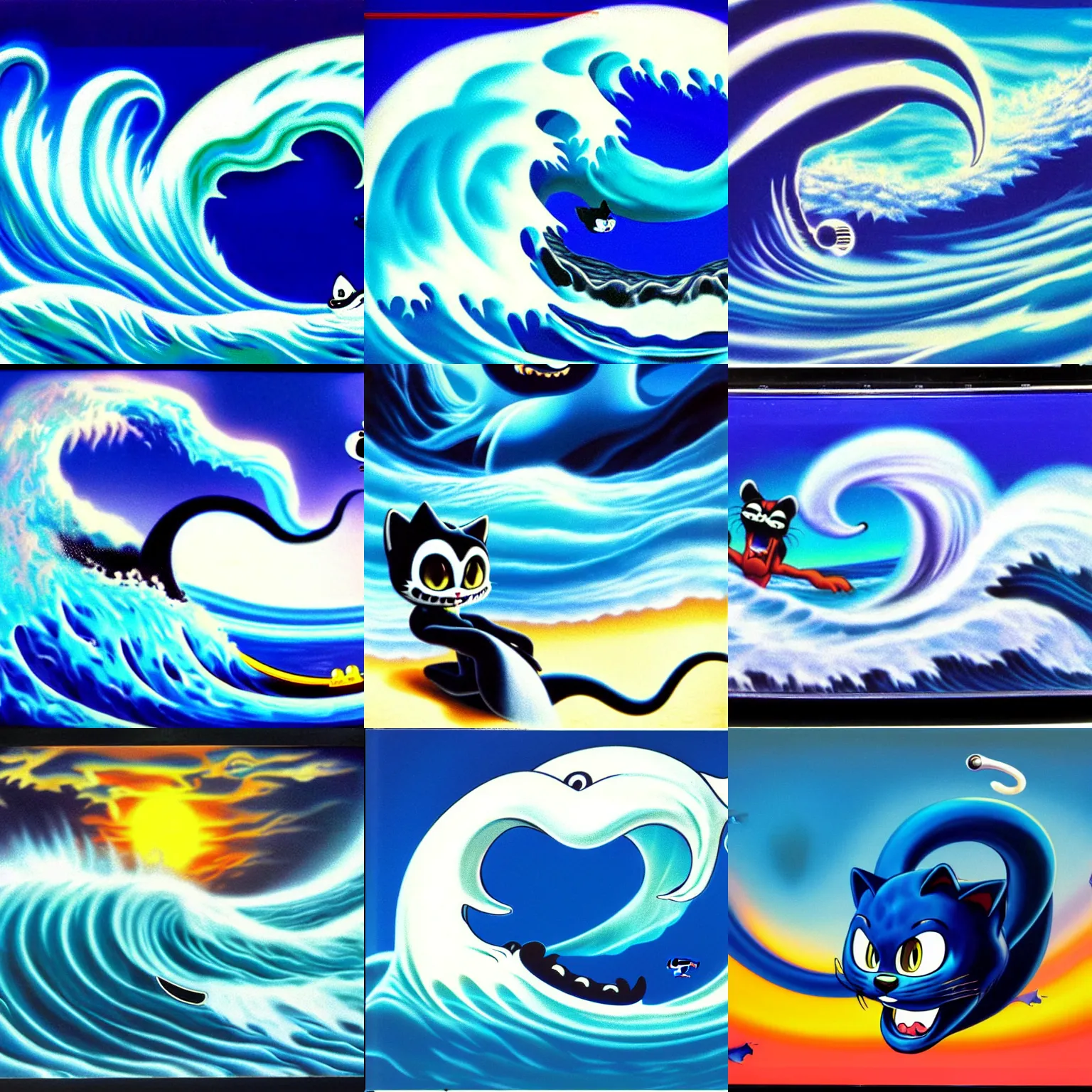 Prompt: surreal, professional, high quality airbrush art of a blue cresting ocean wave in the shape of Felix the Cat, 1990s 1992 Sega Genesis box art