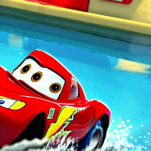 Image similar to lightning mcqueen in a swiming pool