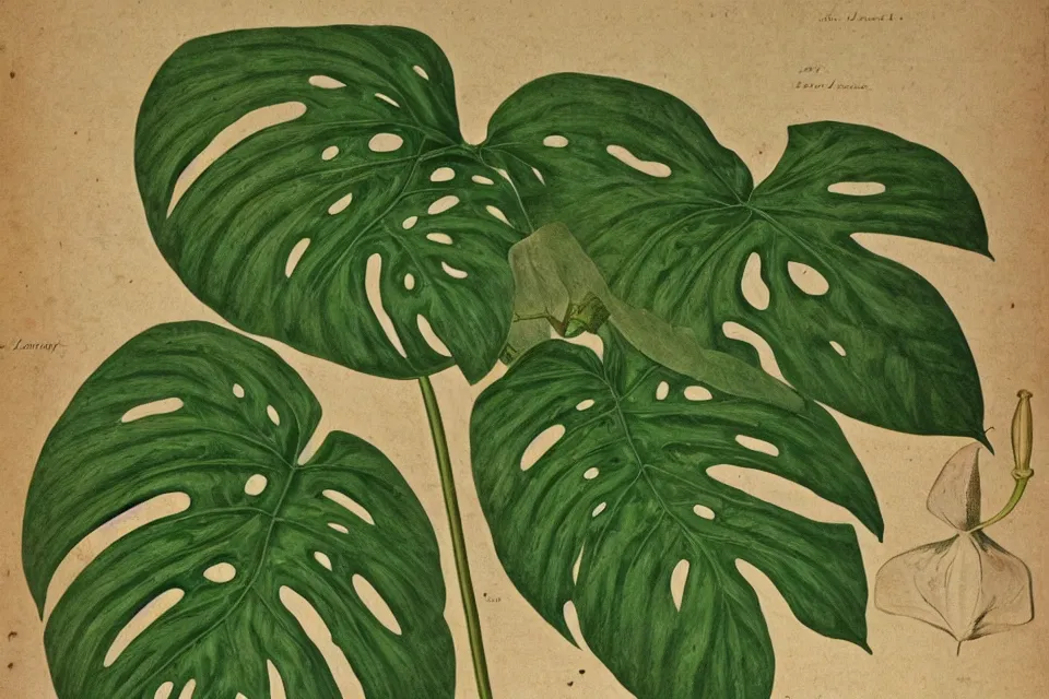 Image similar to detailed 18th century botanical illustration of various monstera leaf