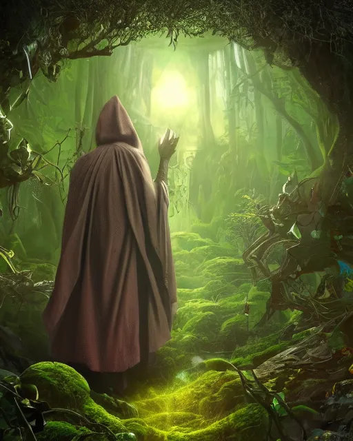 Prompt: a wise wizard walking through a ravenous, horrific portal to hades embedded in a creepy tree in a densely overgrown, magical jungle, fantasy, dreamlike sunraise, stopped in time, dreamlike light incidence, ultra realistic