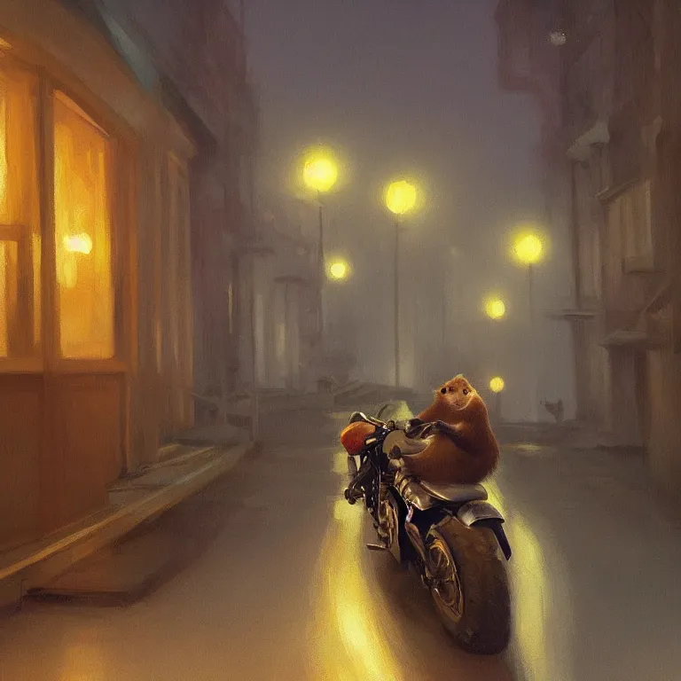 Prompt: a storybook illustration of a cute hamster riding a racing motorcycle, quiet night foggy scene painted by Edward Hopper masterpiece, intricate, elegant, fantasy, highly detailed, digital painting, concept art, sharp focus, artstation