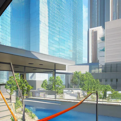 Prompt: sustainable architecture skyscraper light rail connects the rooms, lagoon and indoor swimming pools, unreal 5, daz, hyperrealistic, octane render cinematic volume inner glowing aura global illumination ray tracing hdr