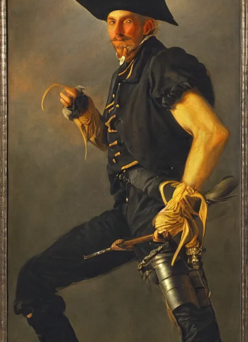 Prompt: close - up portrait of a male pirate with two peglegs and two hook hands, detailed dynamic light painting by albrecht anker