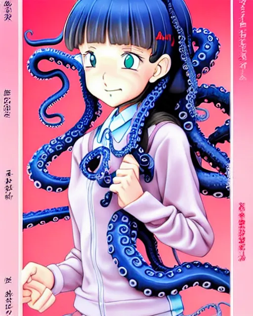 Image similar to a pretty teenage girl as a cute prep highschool student is thrilled to be enveloped clawed tentacles. 3D shadowing effect, ultra ornate detail. masterfully illustrated by Akira Toriyama and Mina Petrovic and Range Murata.