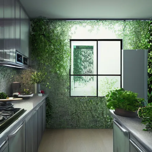 Image similar to unusual kitchens, overgrown with vegetation model inside crystal ball, octane render hyperdetailed,