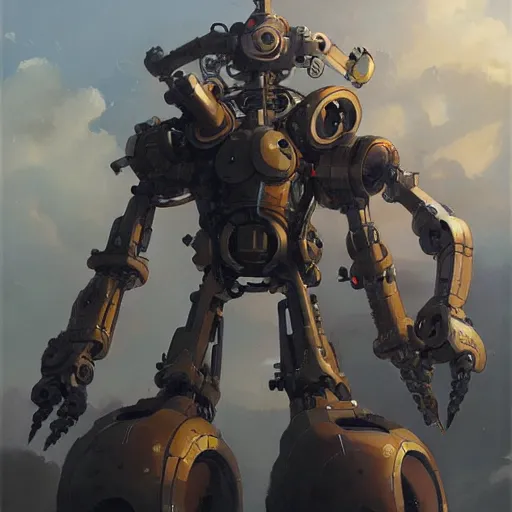 Image similar to an intricate oil painting of a giant anime robot with rounded and circular parts by steve henderson and greg rutkowski