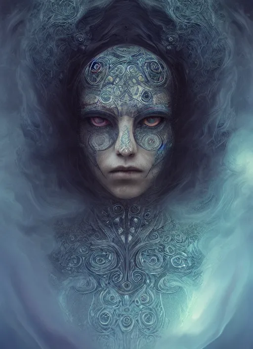 Image similar to Her huge ominous glowing blue eyes staring into my soul , perfect eyes, realistic face, intricate stunning highly detailed, agostino arrivabene, WLOP, twisted dark lucid dream, 8k portrait render, raven wings, swirling thick smoke , beautiful lighting, dark fantasy art, cgsociety