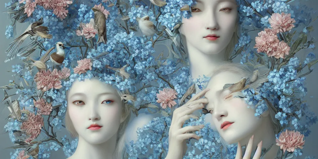 Image similar to breathtaking detailed concept art painting art deco pattern of blonde faces goddesses amalmation light - blue flowers with anxious piercing eyes and blend of flowers and birds, by hsiao - ron cheng and john james audubon, bizarre compositions, exquisite detail, extremely moody lighting, 8 k