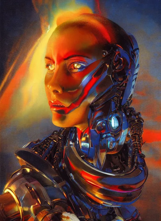 Prompt: ( ( symmetry ) ) closeup portrait of a stunning armored cyborg female pirate captain, strong cinematic light, backlight, red yellow blue, viscous smoke, fluid simulation, mist, by gerald brom, by mikhail vrubel, by peter elson, muted colors, extreme detail, trending on artstation, 8 k