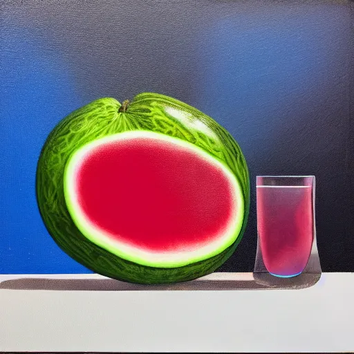 Prompt: * * < < https : / / s. mj. run / 9 5 jduf _ n 2 1 e > > > tania marmolejo imagines a still life painting made of geometric forms and shapes in a dark material, fruit, watermelon and a skull, organized in a joseph cornell box, poetic meaning, glass render, smooth style