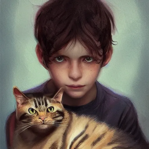 Prompt: head and shoulders masterpiece portrait of a boy looking at the camera, wearing, holding a tabby cat, surreal background, digital art by Krenz Cushart, trending on artstation, cgsociety,