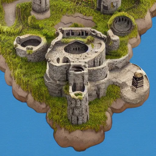 Prompt: top-down birds-eye view of a stone fort sitting above a swamp, detailed, hand-painted, wizards of the coast, top seller popular