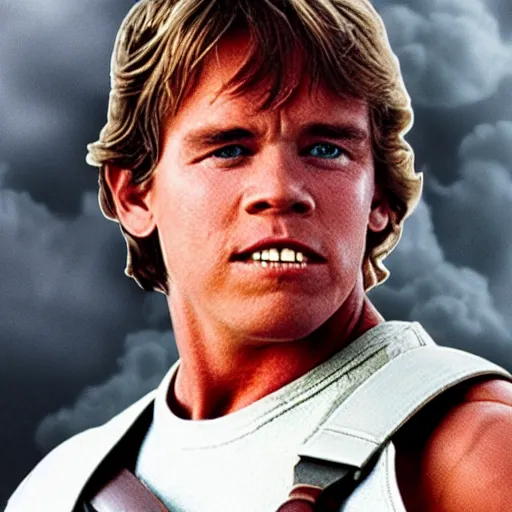 Image similar to luke skywalker but played by arnold schwarzenegger