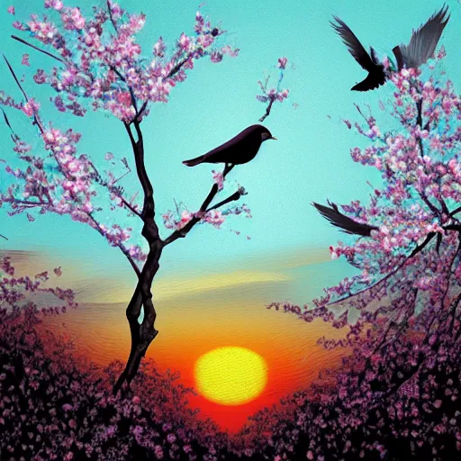 Image similar to birds on cherry tree, Changelingcore, serene, graceful, sunset photo at golden hour, Kodachrome, digital painting