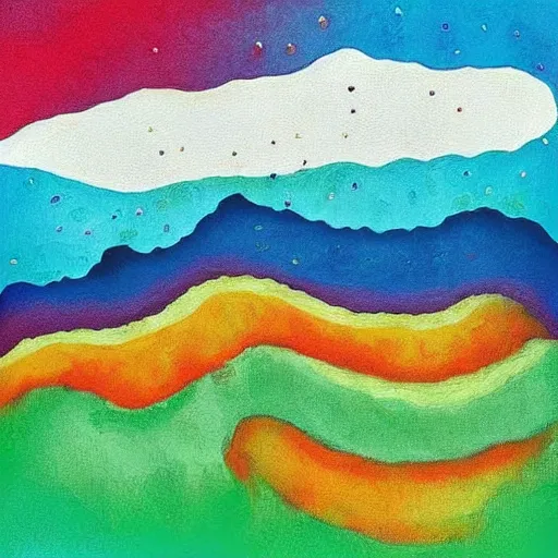 Prompt: the surreal flat painting of an image of a montain dripping rainbow lava artistic by yasemin karabenli