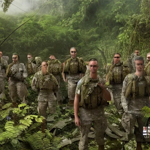 Image similar to an army of american soldiers wearing camouflage standing in the ruins of a destroyed monastery, they are in a jungle with vines everywhere, painting, artstationhq