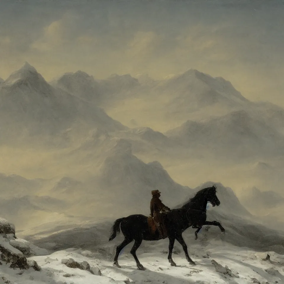 Image similar to dark figure on horseback in an icy landscape with snow covered mountains in the distance, Kristian Wåhlin,