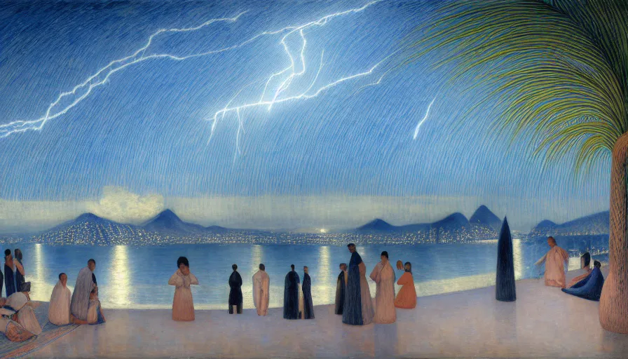 Image similar to a ultradetailed beautiful painting of the night sky of the rio de janeiro palace balustrade designed by tarsila do amaral, jules bastien - lepage, frank weston and gustave baumann, beach, trending on artstation, mediterranean, palm trees, sharp focus, lightning star sparkles refraced lines, soft light, 8 k