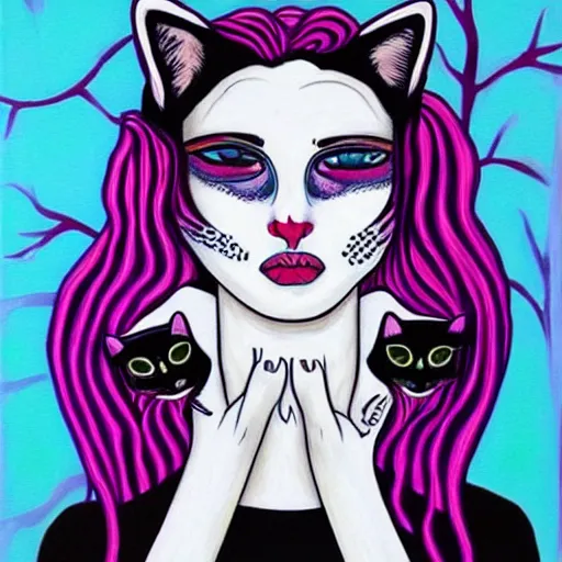 Image similar to woman holding a cat, by harumi hironaka