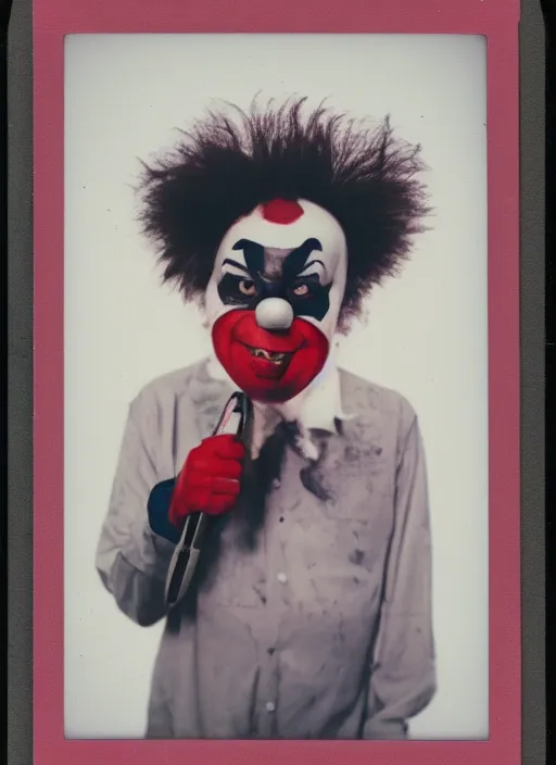 Image similar to polaroid of a frightening clown with a knife